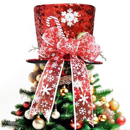 YUEMING Christmas Tree Topper Hat, Red Hat with Striped Bow Ribbon and Lollipop, Snowman Christmas Tree Decoration Top Hat