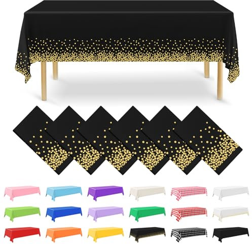 NACHLYNN Lot de 6 nappes rectangulaires jetables en Plastique - 137 x 274 cm - Doré et Noir - pour fête, fiançailles, Mariage, baptême, Anniversaire