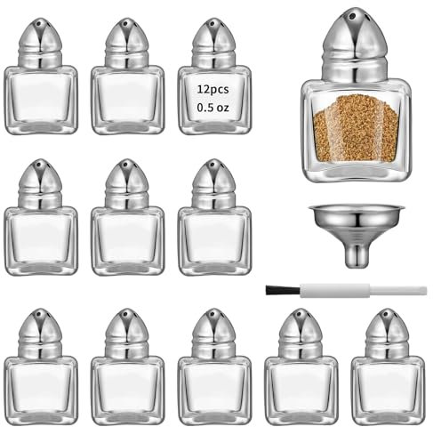 0.5 oz Cube Shape Small Salt and Pepper Shakers with Tone Tops Clear Mini Glass Seasoning Jars Spice Salt Shakers with Funnel for Wedding Party Restaurant Home Kitchen (12, Silver)