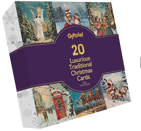Luxuriöse Weihnachtskarten, Multipack, saisonale festliche Szenen, 20 Stück Weihnachtskarten und Umschläge für Damen und Herren, 145 mm, Happy Xmas Grußkarten-Box