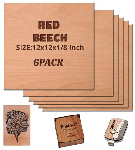 Uadme Madera Contrachapada 3mm, Madera 30x30 cm, 6 Piezas Tablero de Madera a Medida, para Bricolaje, Pirograbado Corte Laser CNC Modelado (Haya roja)