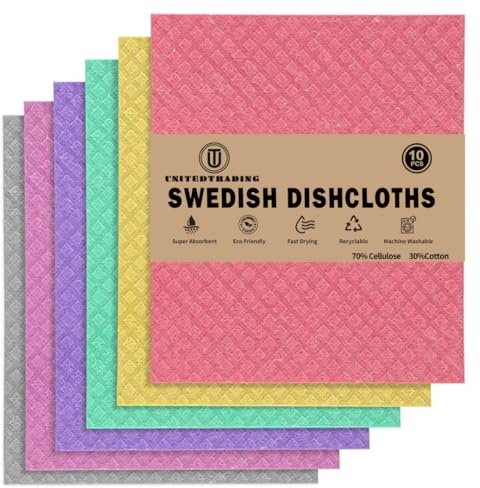 United Trading Swedish Dishcloths for Kitchen - Eco Friendly Reusable Paper Towels, Reusable Cleaning Cloths for Kitchen Washcloths Dish Rags, Cellulose Sponge Swedish Dish Cloth, 10 Pack