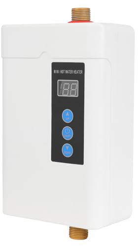 JAYEUW Klein-Durchlauferhitzer Elektrischer Warmwasserbereiter Tankloser Elektrische Durchlauferhitzer mit Fernbedienung LED Anzeige Wassererhitzer für Handwaschbecken Küche Bad 5000W 5L (Weiß)