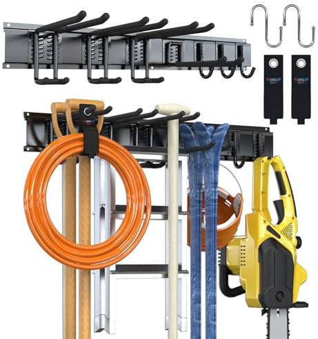 3-H 80cm Porta Attrezzi da Giardino, Porta Attrezzi da Parete SUS304 Acciaio Inox Portascope Parete con 9 Ganci, 2 Guide di Scorrimento, 2 Cinghie di Stoccaggio per Sci,Sedie,Tubi,Garage,Giardino