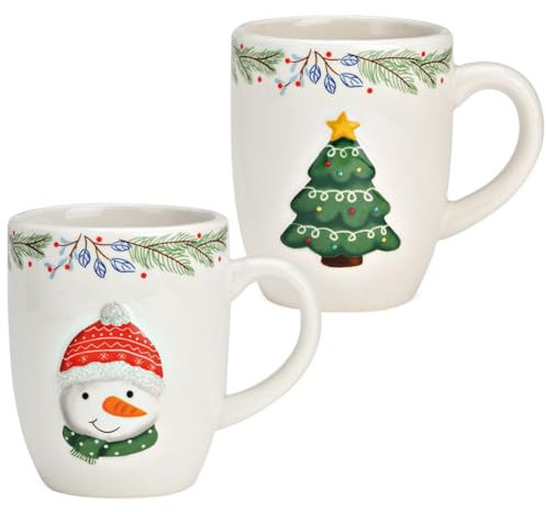 Ceramic Christmas Mug Set with Christmas Tree and Snowman Motif - 300 ml Coffee Mug for Christmas 12 x 10 cm - Colourful Cups Ideal for Coffee, Tea or Mulled Wine Dishwasher Safe