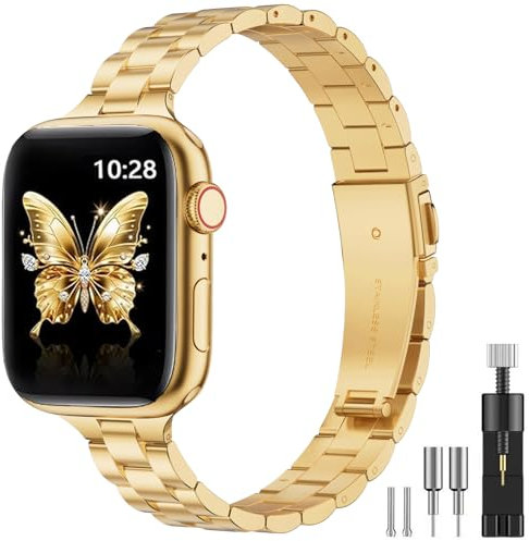Damen Schlankes Metall Armband Kompatibel mit Apple Watch 38mm 40mm 41mm 42mm 44mm 45mm 46mm 49mm, Edelstahl Armband mit Installationswerkzeug für iWatch Ultra 2, SE Serie 10/9/8/7/6/5/4/3/2/1