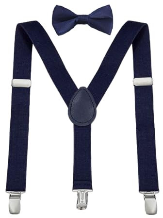 CXNXFD Kinder Hosenträger Fliege Set, Kinder-Hosenträger mit Elastischer Y-Form Verstellbar mit Clips (Blau)