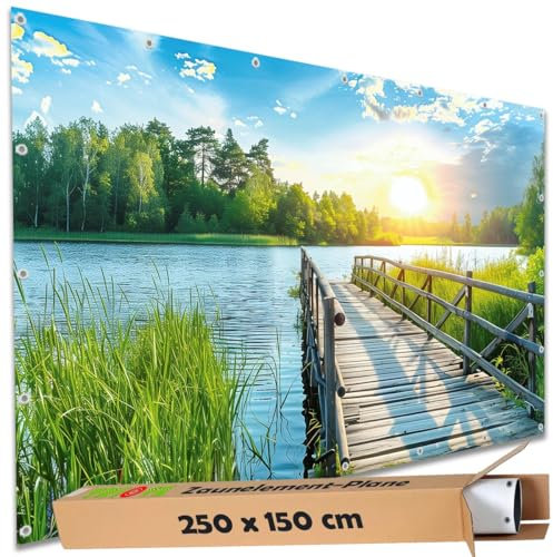 TRIOSK Sichtschutz Garten Deko Zaun Plane Blickdicht groß mit Zaunblende Motiv Holz Weg Steg Brücke See für Balkon Terrasse Zaunelement Doppelstabmatten Gartenzaun PVC 250x150 cm
