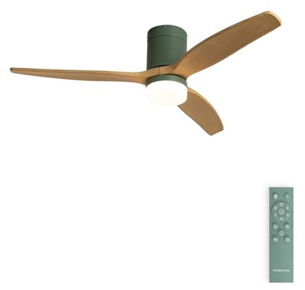 CREATE / WINDCALM M/Ventilatore da soffitto con luce verde salvia pale legno chiaro telecomando / 40W, ABS, Ø132 cm, 3 temperature di luce, estate-inverno