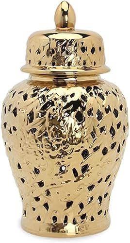 Vase Tischplatte Goldenes Ingwerglas aus Keramik mit Deckel, unregelmäßig durchbrochenes goldenes Keramik-Tempelglas, Geschenkgläser, Tischmittelstück(S)