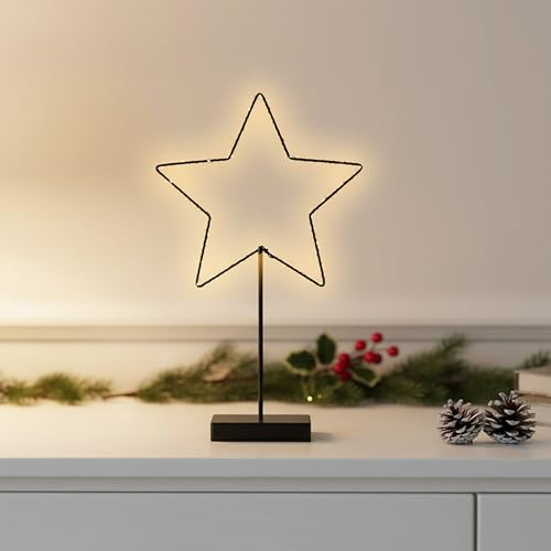 Metall Leuchtstern Aufsteller schwarz batteriebetrieben mit Timer - 43 x 25 cm - Stern Silhouette mit Standfuß beleuchtet mit 30 LED warm weiß - Weihnachten Advent Tisch Deko Leuchte für Innen