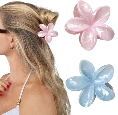 2 Stück Blumen Haarklammer, Niedliche Flower Hair Claw Clips, Blumen Haarspangen Groß, Rutschfeste Haarklammer Blume für Frauen Mädchen Dick/Dünn Haar (Rosa + Blau)