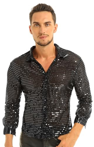 YiZYiF Herren Paillettenhemd Langarm Glänzende Hemd Disco Kostüm 70er 80er Jahre Motto Party Hippie Silvester Karneval Fasching Show Hochzeit Kleidung Schwarz XL