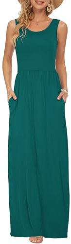 AUSELILY Damen Sommer Ärmelloses Lockeres Maxikleid Lässiges Langes Kleid mit Taschen Grün M