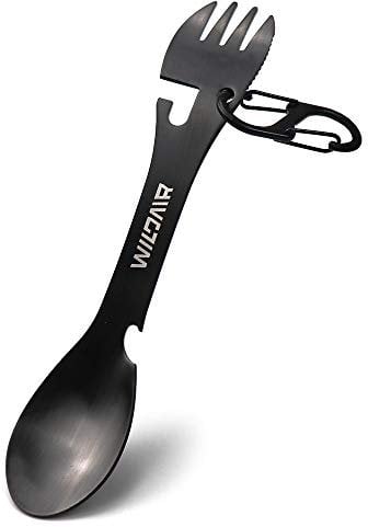 WILDAIR Stainless Steel Spork Camping Utensil with Knife Spoon Fork Bottle Can Opener 5 in1 Functional Multi Flatware (Black)