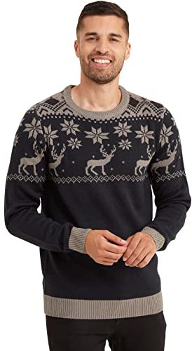 Snuggaroo Herren Strickpullover Rentier Nordische Fair Isle, Marineblau, Grau, Medium