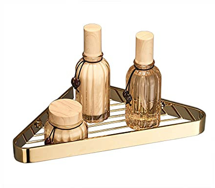 Duschregal Ecke Messing Duschablage für Duschstange Rostfrei Duschkorb Wand Bad Ablage Dusche Eckbadregal Eckküchenregal Arbeitsplatte Wandbefestigung, Gold