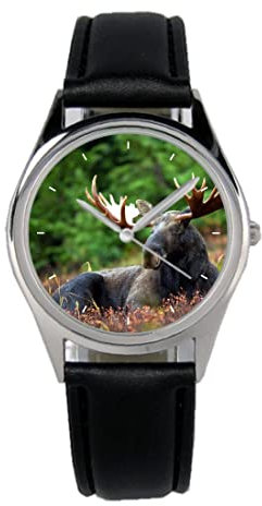 KIESENBERG Armbanduhr Elch Natur Geschenk Artikel Idee Fan Damen Herren Unisex Analog Quartz Lederarmband Uhr 36mm Durchmesser B-5775