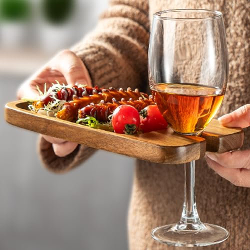 Wine Appetizer Serving Board, James.F Picnic Plate Set of 2, Acacia Wooden Serving Tray with Wine Holder, Mini Charcuterie Cheese Serving Boards Sets for Parties