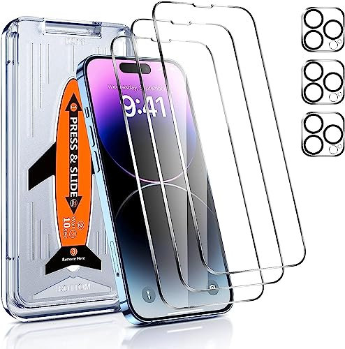 LK 3+3 Verre Trempé pour iPhone 14 Pro 6.1 Pouce Anti-Rayure et sans Bulles d'air,Contenir 3pcs Protection Ecran et 3pcs Caméra Arrière Protecteur avec Cadre d'Installtion(Ultra HD et 9H Dureté)