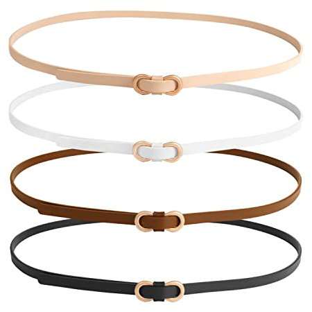 4 Stück Elegante Dünne Gürtel - Schmale Damengürtel Mit Metallschnalle, Extra Dünn Hüftgürtel, PU-Material, Schnallenlose Verstellbare Modelle - Geeignet Für Kleider