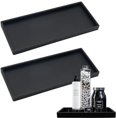2 Stück Badezimmer Tablett, Schwarzes Rechteckiges Tablett,Badezimmer Aufbewahrungstablett, Silikon Tablett Deko für Waschtisch, Badewanne, Küchenspüle und Toilette