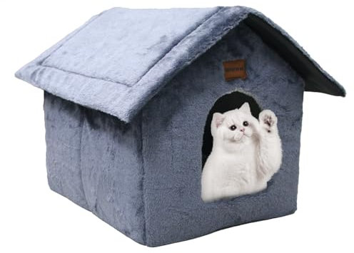Whiwhi Plüsch Katzenhaus Katzenhöhlenbett mit Flauschiges Katzenkissen Tragbare Katzenhütte mit Rutschfestem Boden Warmes Und Gemütliches Haustierhütte 45x40x45cm Marineblau