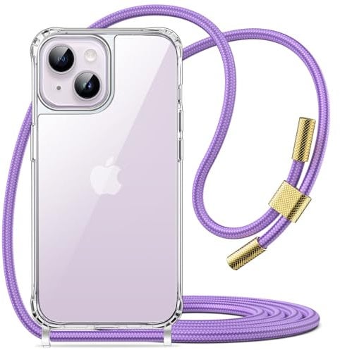 JETech Crossbody Case for iPhone 14 6.1-Inch with Adjustable Lanyard Strap, Clear Transparent Anti-Yellowing Shockproof Protective Phone Cover with Neck Cord (Purple)