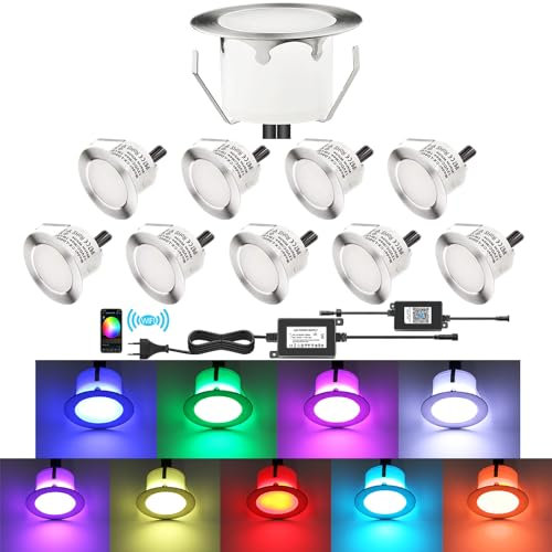 DarisingSun 10er Set WIFI LED Bodeneinbauleuchten Außen RGB Ø45mm LED Einbaustrahler Kompatibel mit Amazon Alexa, Google Home, IP67 Wasserdicht Terrassen Einbauleuchten Außen für Küche Garten Gehweg