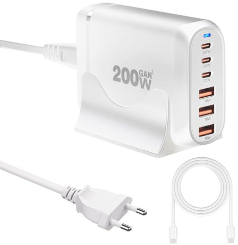 200W Chargeur USB C Multiple, 6 Ports GaN Ⅲ Chargeur Rapide, Station de Charge USB C de Bureau, PD+QC Compatible avec iPhone iPad Samsung MacBook Ordinateur Portable, Blanc avec Câble USBC 100W 1.5m