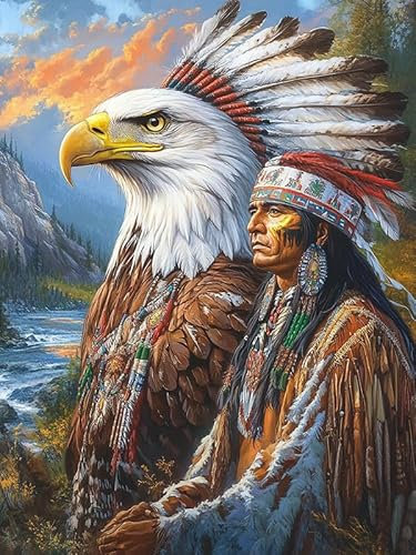 Bimkole 5D Diamond Painting Kits Zubehör Adler-Indianer, Tier Diamant Malerei Kit Voll Runde Bohrer Malen nach Zahlen Malerei Stickerei Kreuzstich Diamond Dekoration 30x40 cm