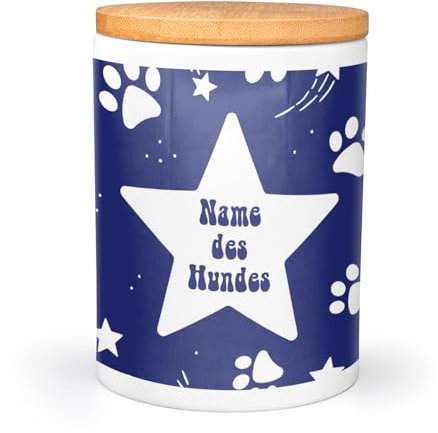 PICANOVA Personalisierte Leckerlidose mit Namen - Hundegeschenke - Trockenfutter Aufbewahrung - Keramik-Dose für Hunde- & Katzenbesitzer - Dreamy Paws Design