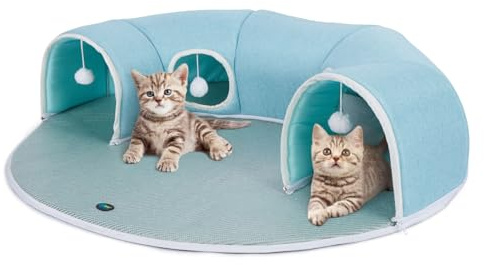 Ownpets Katzentunnel, Katzenbett mit Tunnel, Katzen kühlmatte, Haustier Tunnel, Abnehmbarer Bogen,Katzentunnel & Kühlkissen mit Hängeball Spielzeug, 25cm Durchmesser, Rohrbett für Katzen