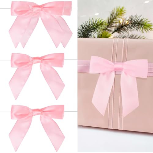 34 Pcs Pink Bows for Gift Wrapping, 3.5 Inch Twist Tie Bows Satin Ribbon Bow, Pink Candy Decorations Bow Decorations for Crafts Tying Up Packages Gift for Christmas Tree Crafts
