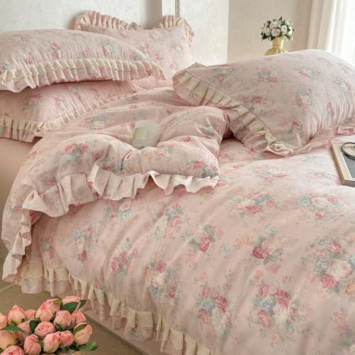 GETIYA Mädchen Damen Bettwäsche 200x200 Baumwolle Doppelgarn Bettbezug Blümchen Muster Elegant Rüschen Bettwäsche Blumen Rosa Deckenbezug Baumwollgarn mit Reißverschluss und 2 Kissenbezug 80x80