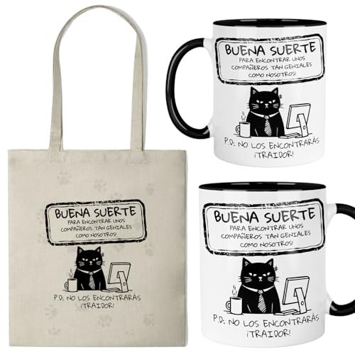 Kembilove® Pack taza y bolsa “Buena suerte traidor” | Regalo gracioso compañeros de trabajo | Despedida divertida oficina | Diseño con gato y mensaje irónico | Idea original y útil