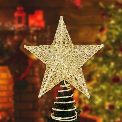AUMAYCO Gold Christbaumspitze Stern, 20 x 24cm Glitzer Metall Weihnachtsbaumspitze Dekoration, Baumspitze Weihnachten Weihnachtsbaum Stern Spitze für Weihnachten, Zuhause, Party, Festtagsdekoration