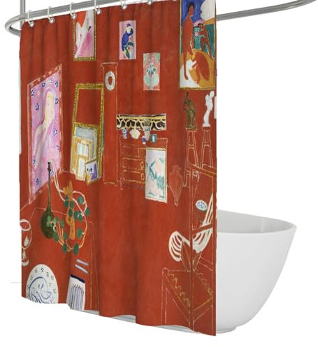 Studio Nature Morte Impression Rideau de Douche Tissu Polyester Terracotta Intérieurs Rouges Peintures Vases Chevalets Impression Rideaux de Douche Ensemble avec Crochets W180xL180cm