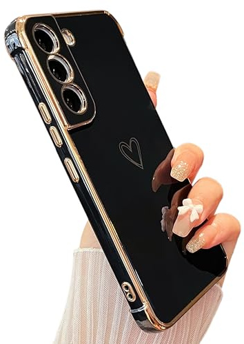 ZTOFERA Herz Handyhülle für Samsung Galaxy S22 5G (6.1), Schwarz | Cute Liebe Herz Muster, Mode Goldener Rand, für Mädchen Frauen, Weich Flexibel Silikon, Leichte Stoßfest Schutzhülle