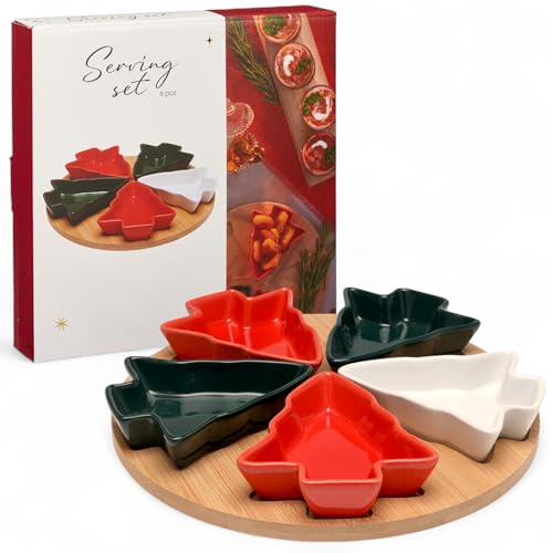 MIJOMA Set de service de Noël 6 pièces – 5 bols en forme de sapin sur plateau rond en bois – Rouge, vert et blanc – Set de sauce et de collation festifs pour les vacances