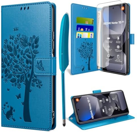 TTSWJBD Handyhülle für Xiaomi Redmi Note 15 4G / 5G Hülle mit 1 Stück Panzer Schutz Glas, Flip Wallet Cover PU Leder Case, Kartenfach Magnet Klapphülle - Blau