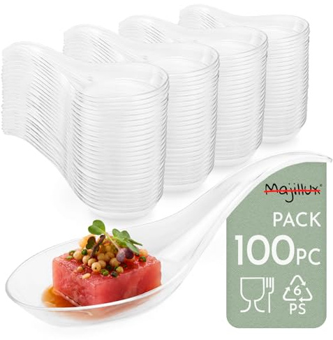 Majillux 100 Cucharas Arco Transparentes para Catering y Degustación | PS Rígido | Apto para Contacto Alimentario | Para Tapas, Canapés y Postres Fríos | No apto para Lavavajillas