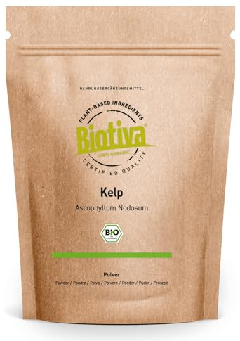 Biotiva Kelp-pulver organisk hög dos – 200 g – naturlig jod – kelp-alger – 100% vegan – utan fyllning eller separerande medel – förpackad i Tyskland (DE-ECO-005)