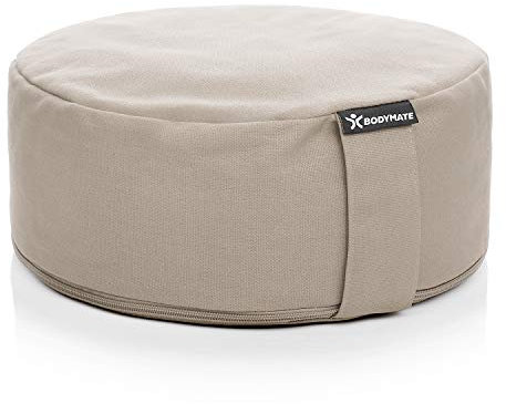 BODYMATE Yogakissen rund 31cm Durchmesser 13cm hoch Leinen-Grau hell mit Buchweizen-Spelz Füllung – Maschinenwaschbarer Bezug aus 100% extra Dicker Baumwolle – Meditationskissen – Sitzkissen