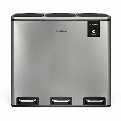 Les Collectors Papelera de reciclaje de pedal N°982, Acero inoxidable, 54 L, 3 compartimentos 18L, Resistente, Cocina, Cubos extraíbles, Reciclaje, Clasificación selectiva, Cierre silencioso