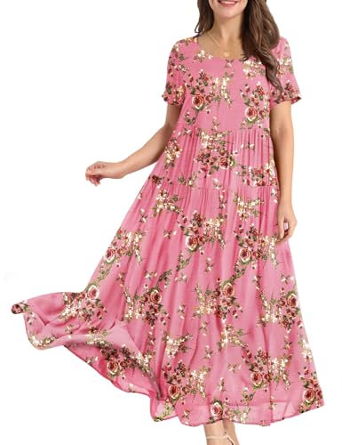 YESNO Women Dresses Casual Plus Size Bohemian Short Sleeve Floral Long Maxi Summer Beach Swing Dress/Pockets XL EJFUK CR35