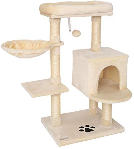 lionto Kratzbaum für Katzen mit Plüschball inkl. Glöckchen & Wandhalterung, Höhe 93 cm, Katzenbaum mit Sisal & Plüsch, gemütliche Liegefläche & Höhlen, für kleine & große Katzen geeignet, beige