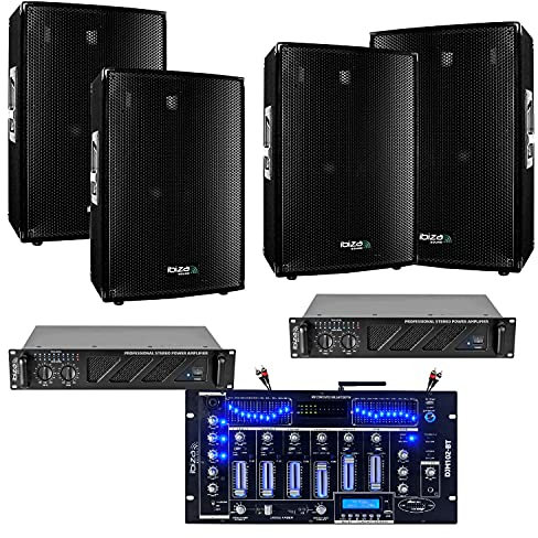 IBIZA Sound Light - 4720W Total pour ce Pack Sono de 4 Enceintes 4x700w + 2 Amplis 2x960w avec Table de Mixage DJM102-BT - Câble Enceinte, Câble RCA et Câble PC OFFERTS