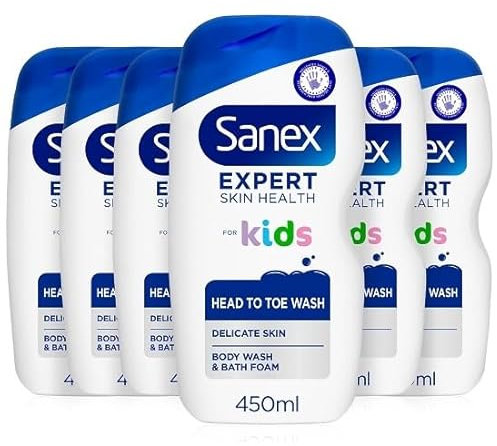 Sanex Expert Skin Health Body & Hair Kids Shower Gel 6 X 450ml - Gently Cleanses Delicate Skin - 12 Hour Hydration - Paediatrician Approved - Prebiotic & Postbiotic Complex - Dermatologically Tested
