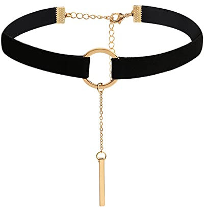 Yienate Gargantilla de terciopelo con aro y cadena de metal con colgante, de colores tradicionales, joyería tirolesa para Oktoberfest, para mujeres y niñas (negro)